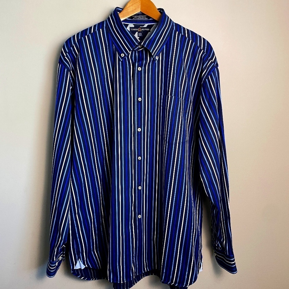 Tommy Hilfiger 80's 2-ply Fabric Men's Blue Stripe Button Up Dress Shirt X-Large